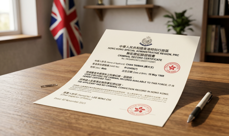 A Cantonese criminal record certificate with English translation and a UK flag in the background.