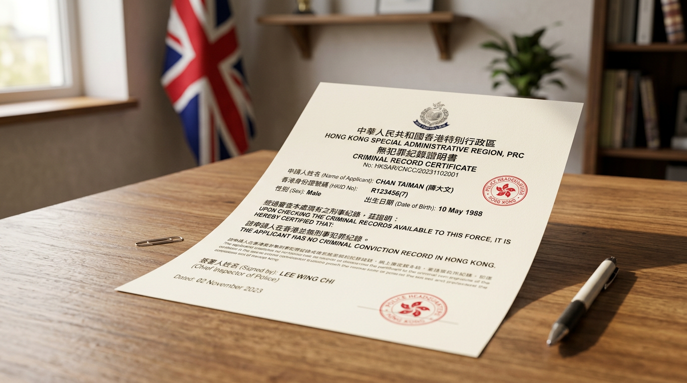A Cantonese criminal record certificate with English translation and a UK flag in the background.