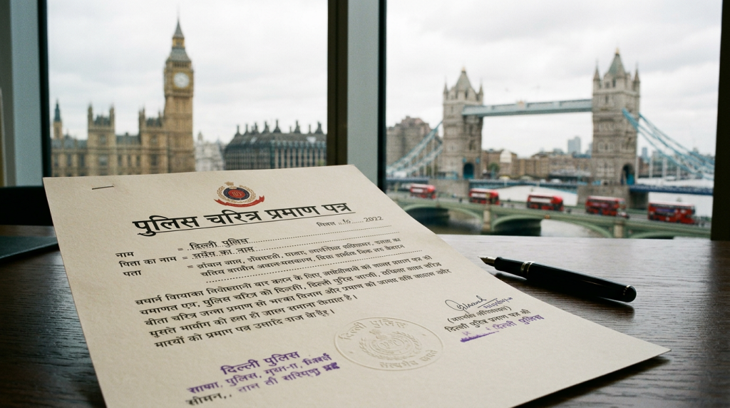 A Hindi criminal record certificate with translation and UK landmarks in the background.