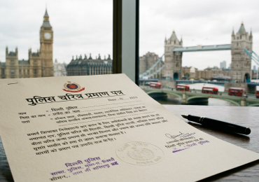 A Hindi criminal record certificate with translation and UK landmarks in the background.