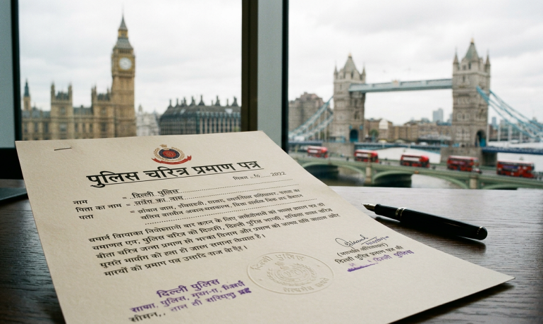 A Hindi criminal record certificate with translation and UK landmarks in the background.