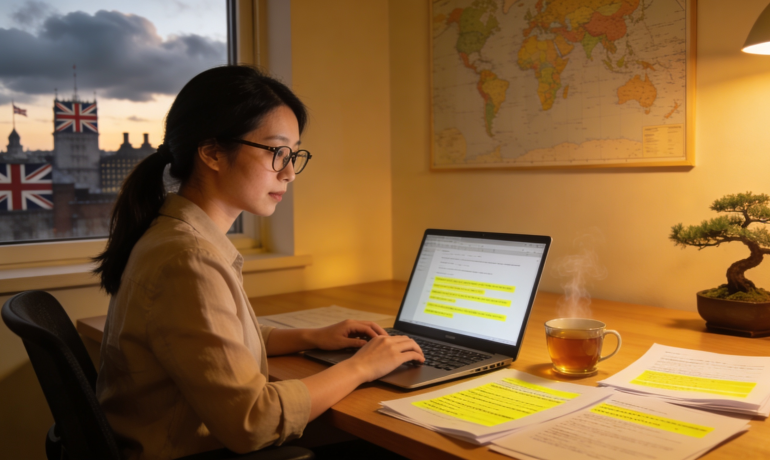 A Japanese translator assisting a UK immigration applicant with documents.