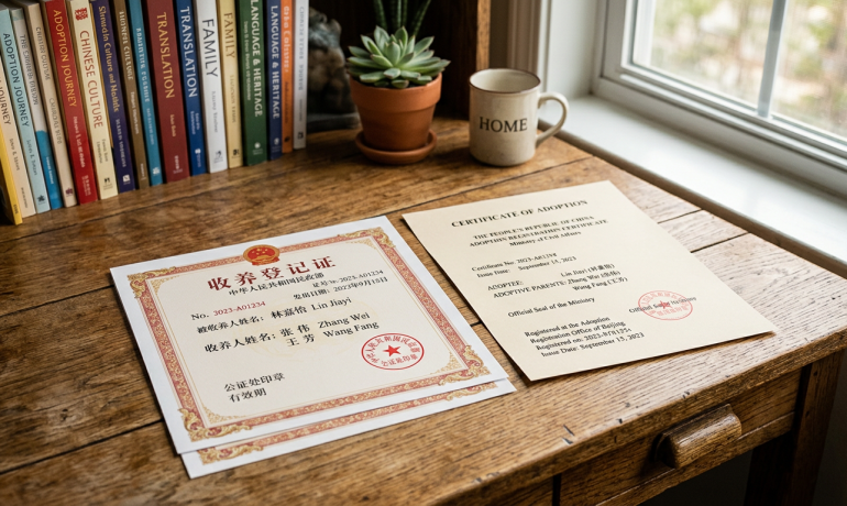 A Mandarin adoption certificate with English translation side by side on a wooden desk.