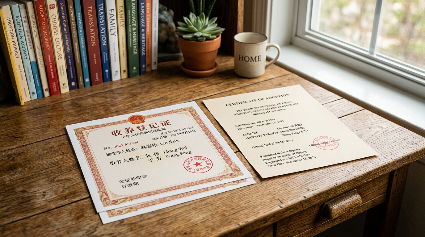 A Mandarin adoption certificate with English translation side by side on a wooden desk.