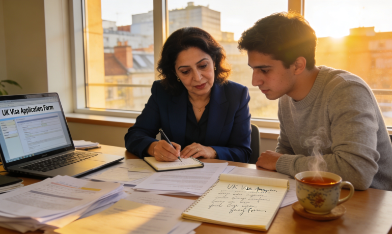 A Persian translator assisting a client with UK immigration documents.