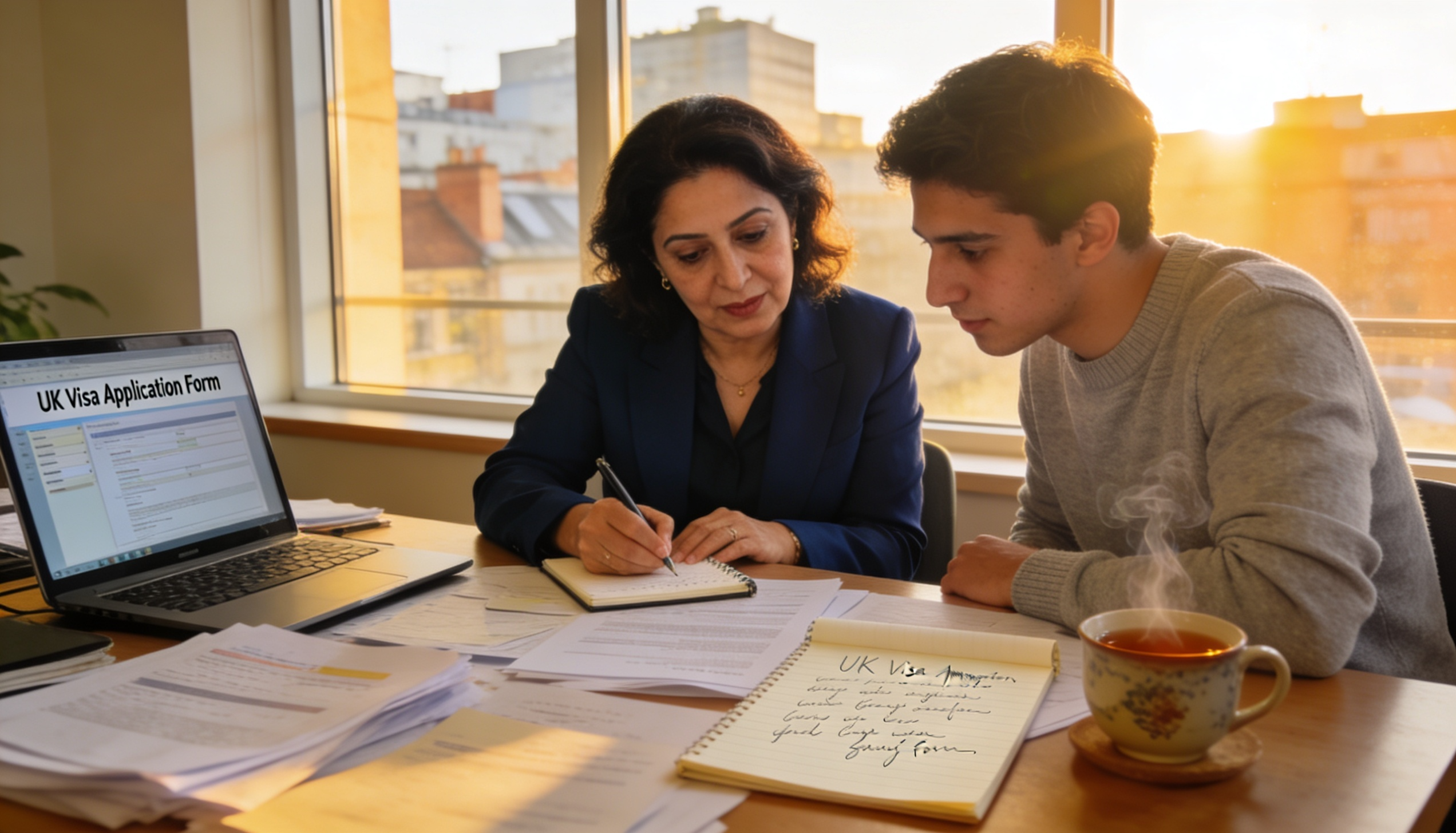 A Persian translator assisting a client with UK immigration documents.