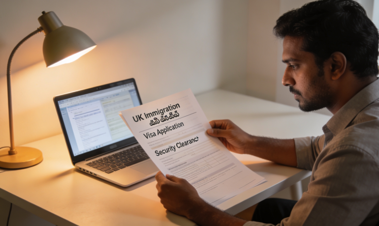 A Tamil translator working on UK immigration documents with a laptop and papers.