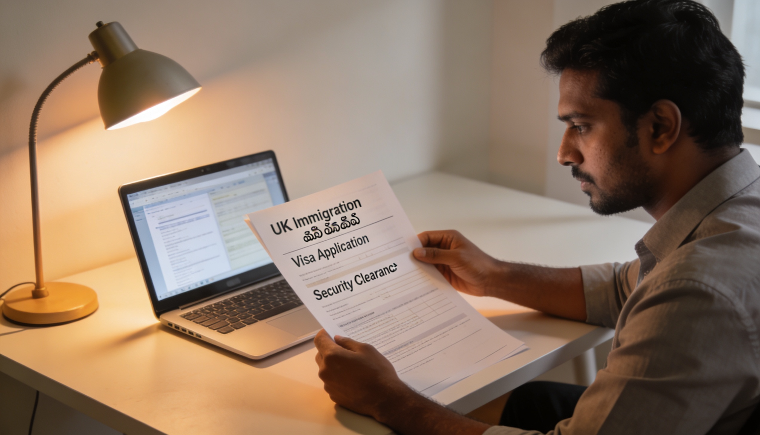 A Tamil translator working on UK immigration documents with a laptop and papers.