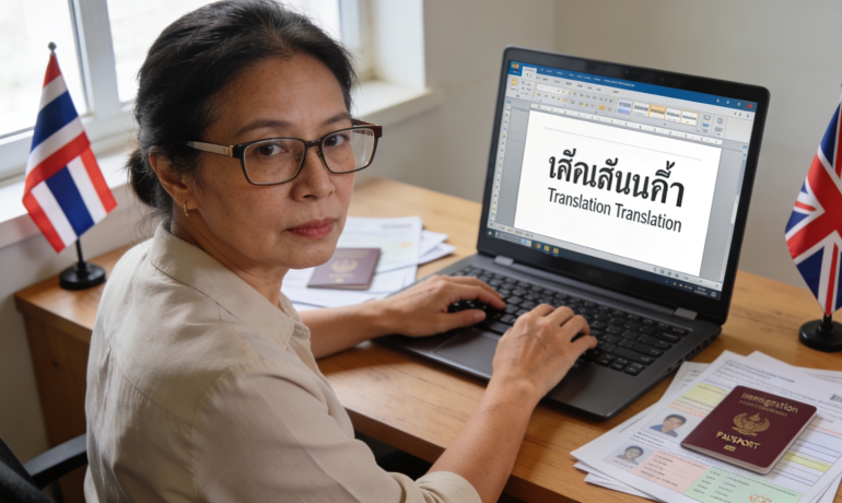 A Thai translator working on documents for UK immigration, surrounded by flags of Thailand and the UK.