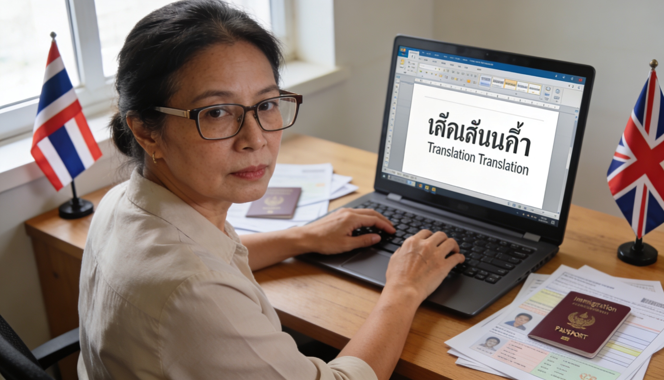 A Thai translator working on documents for UK immigration, surrounded by flags of Thailand and the UK.