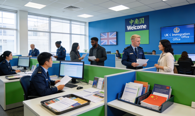 A UK immigration office with Mandarin translation signs and documents, showcasing diversity.