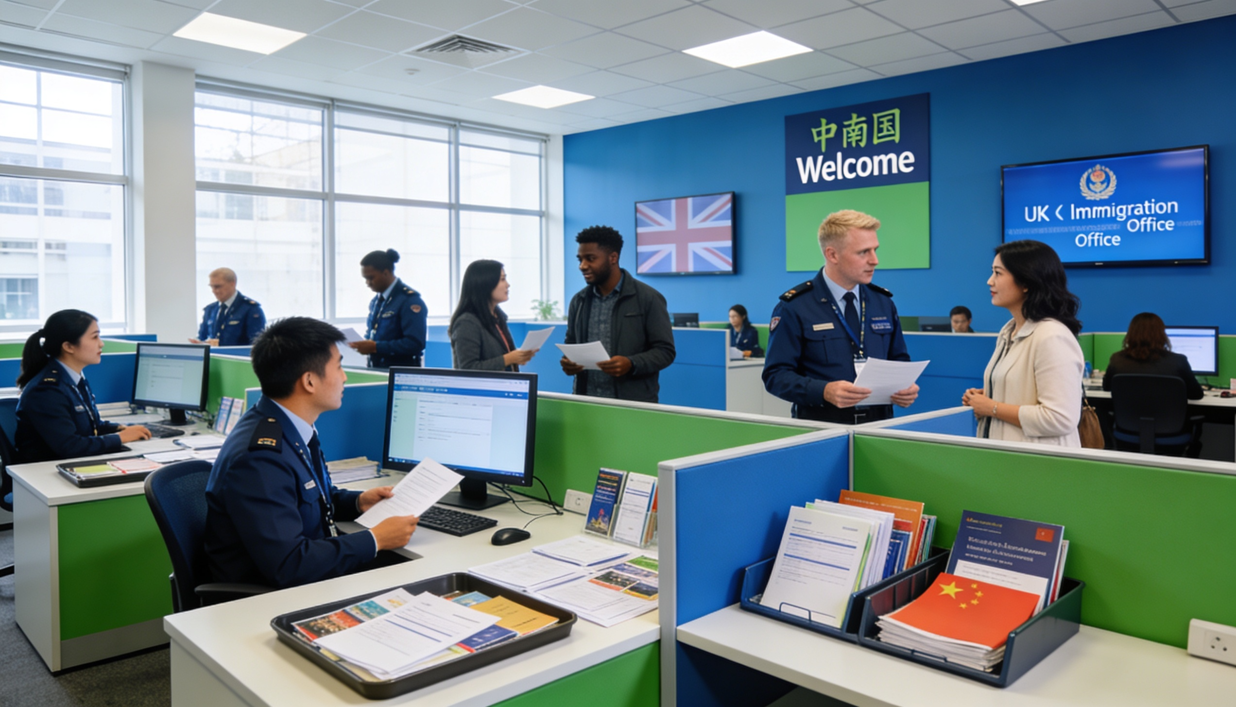 A UK immigration office with Mandarin translation signs and documents, showcasing diversity.