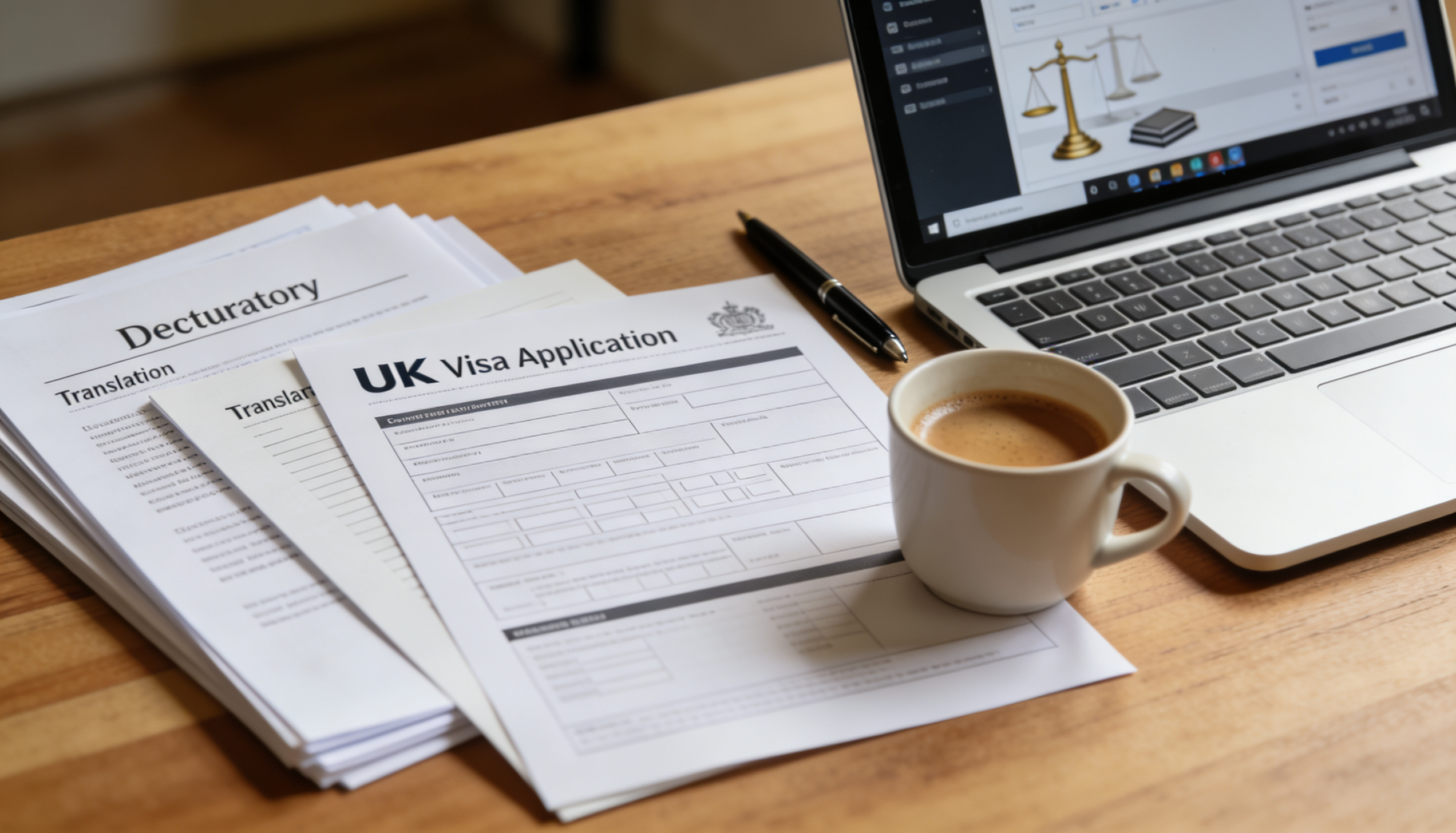 A UK visa application form with a statutory declaration and translation documents beside it.