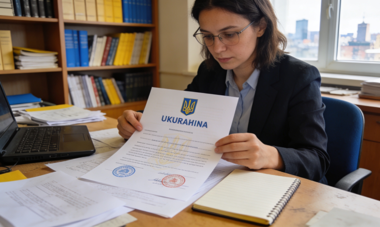 A Ukrainian document with official stamps and a translator working in an office setting.