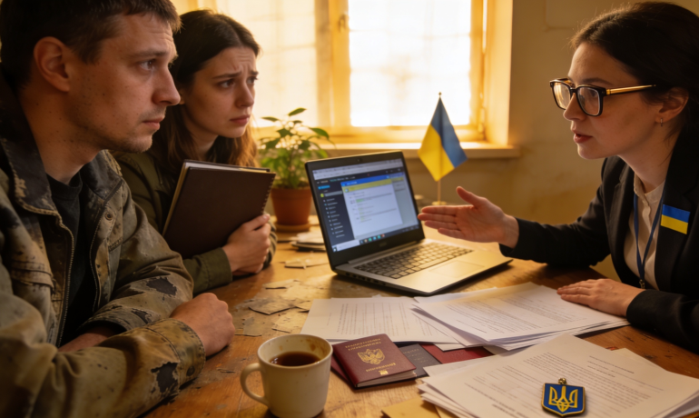 A Ukrainian translator assisting clients with UK immigration documents in an office setting.