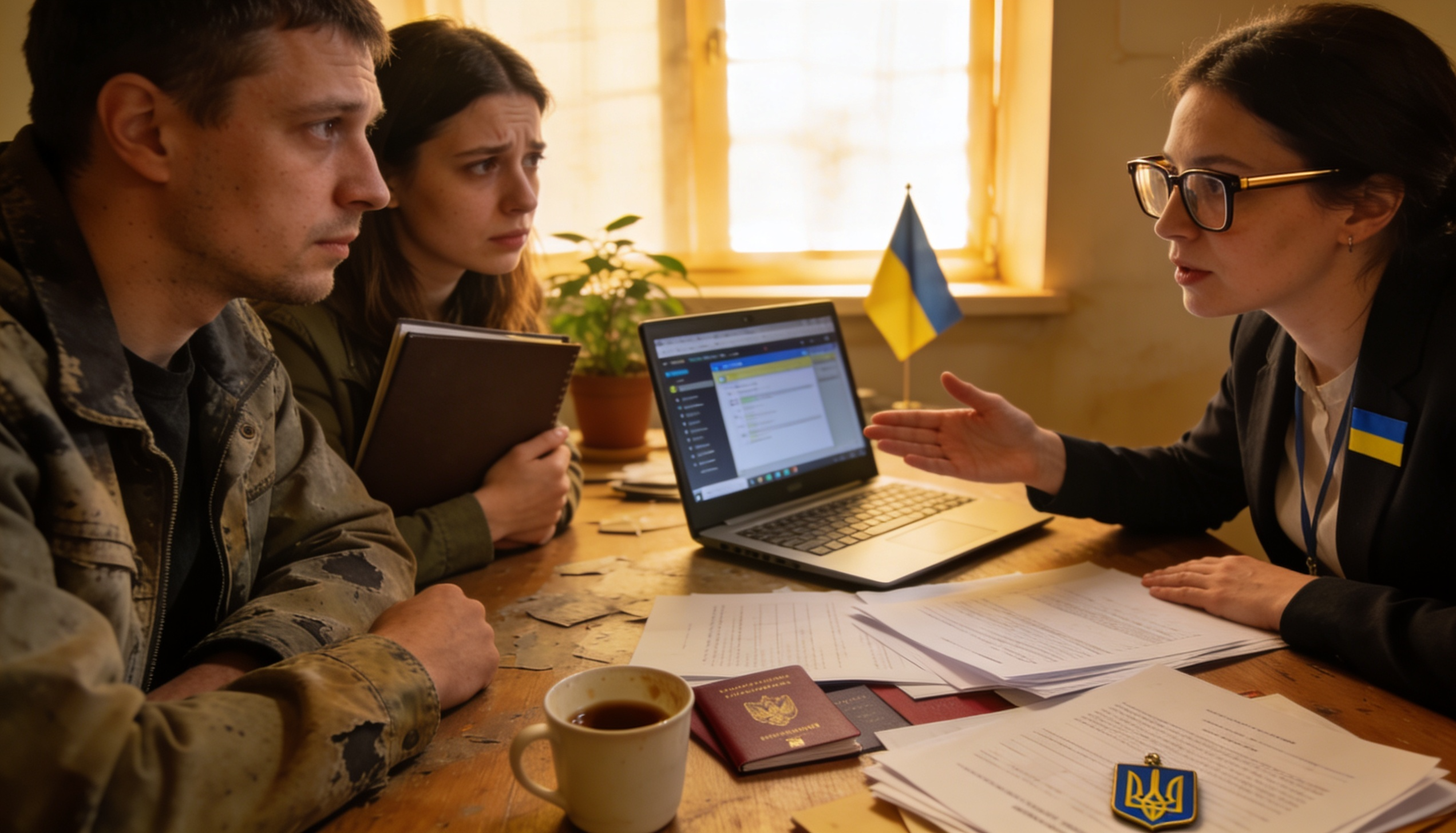 A Ukrainian translator assisting clients with UK immigration documents in an office setting.