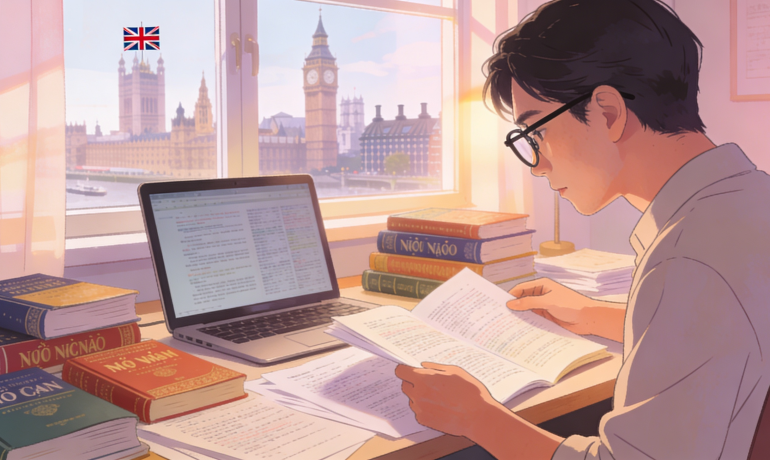 A Vietnamese translator reviewing documents with UK landmarks in the background.