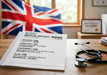 A bilingual Cantonese and English medical report with a stethoscope and the UK flag in the background.