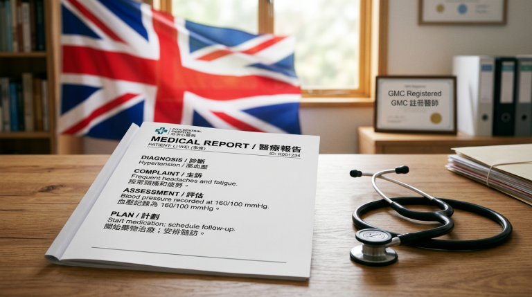 A bilingual Cantonese and English medical report with a stethoscope and the UK flag in the background.