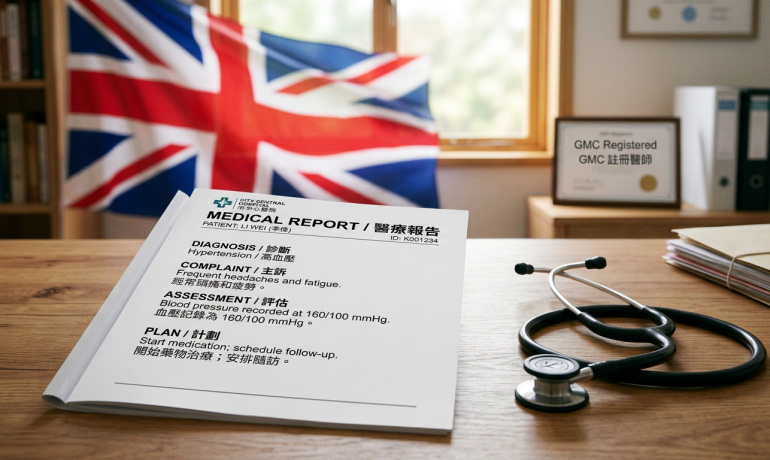A bilingual Cantonese and English medical report with a stethoscope and the UK flag in the background.