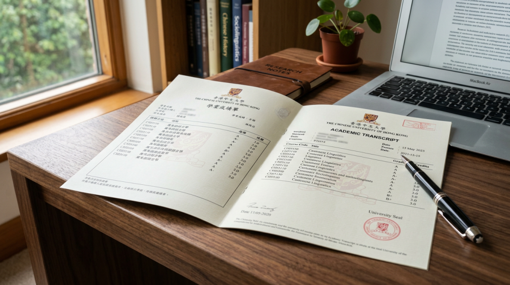 A close-up of a Cantonese academic transcript with English translation on a desk.