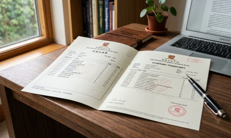 A close-up of a Cantonese academic transcript with English translation on a desk.