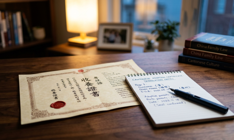 A close-up of a Cantonese adoption certificate with translation notes on a desk.
