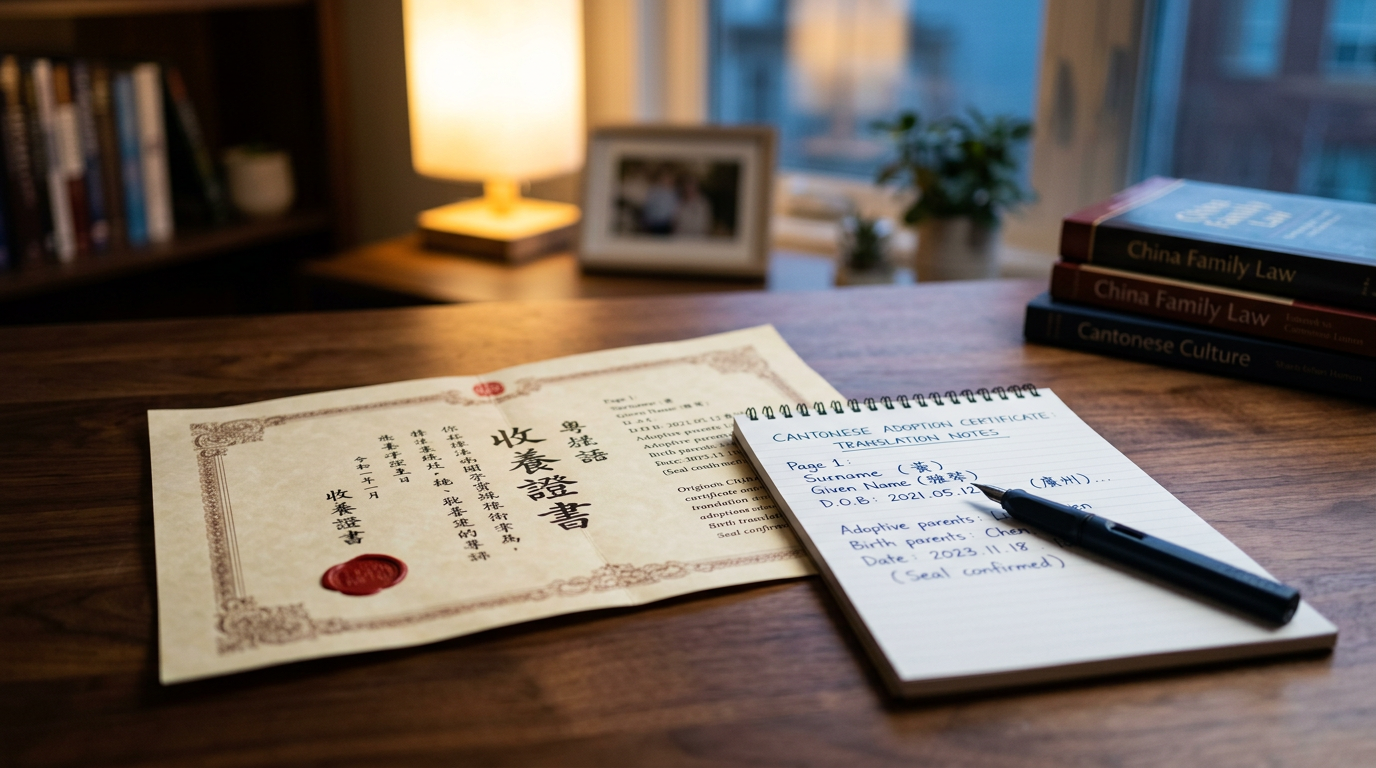 A close-up of a Cantonese adoption certificate with translation notes on a desk.