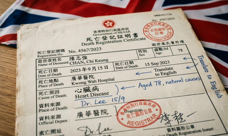 A close-up of a Cantonese death certificate with translation notes and a UK flag in the background.