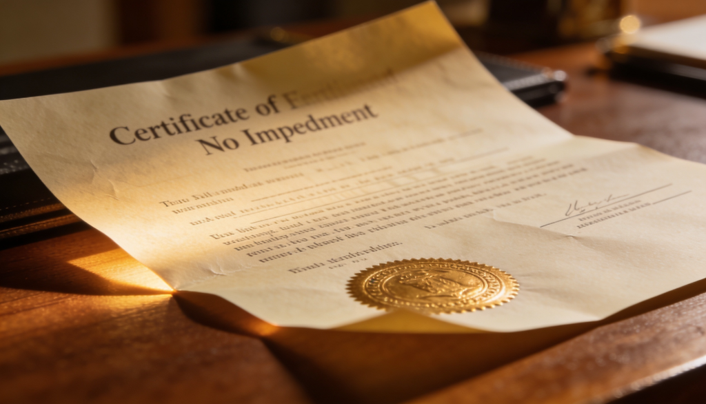 A close-up of a Certificate of No Impediment document with a UK flag in the background.