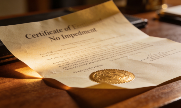 A close-up of a Certificate of No Impediment document with a UK flag in the background.