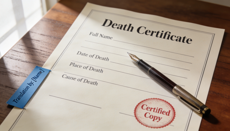 A close-up of a death certificate with translation notes and a pen on a wooden desk.