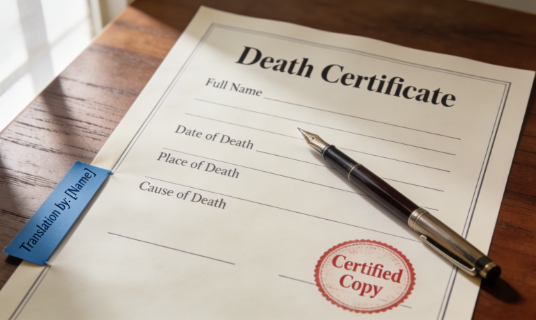 A close-up of a death certificate with translation notes and a pen on a wooden desk.