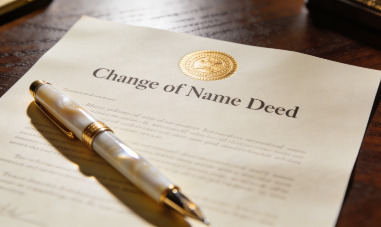 A close-up of a legal document with the title 'Change of Name Deed' and a pen, on a wooden desk.