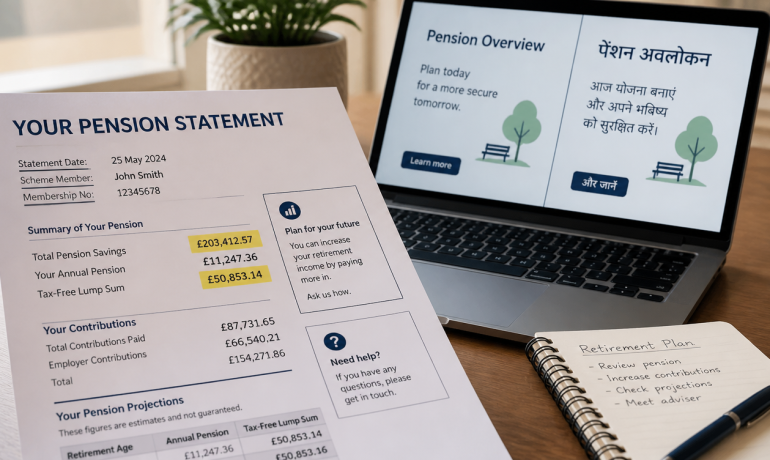 A close-up of a pension statement document with highlighted sections and a translation overlay.