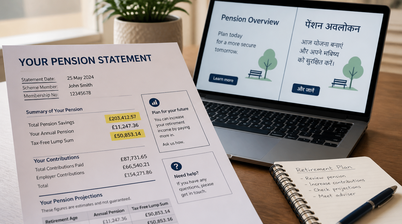 A close-up of a pension statement document with highlighted sections and a translation overlay.