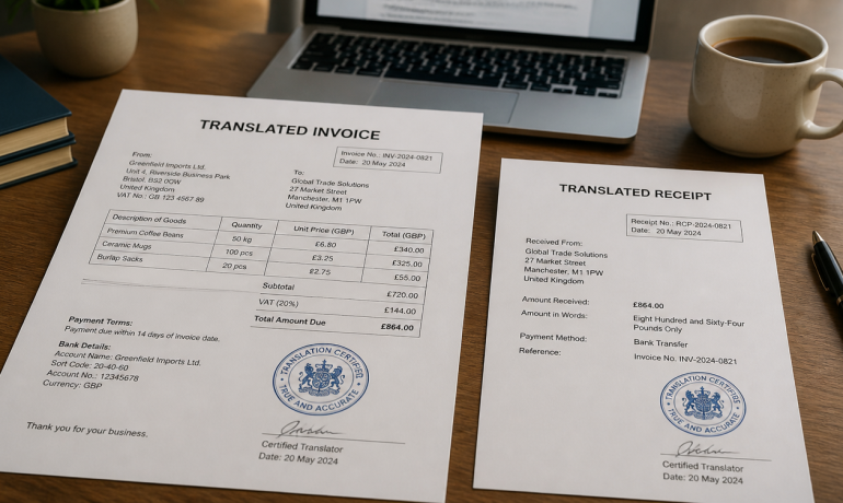 A close-up of a translated invoice and receipt with UK currency symbols and official stamps.