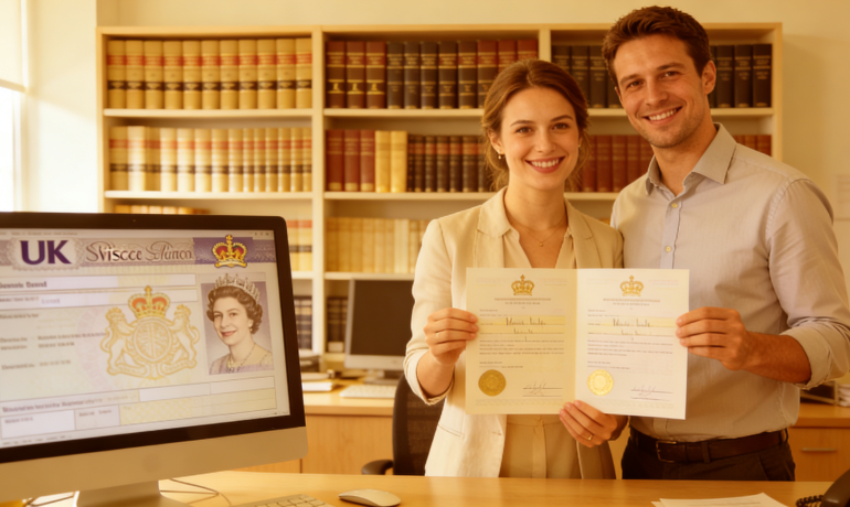 A couple holding their marriage banns document in an office setting.