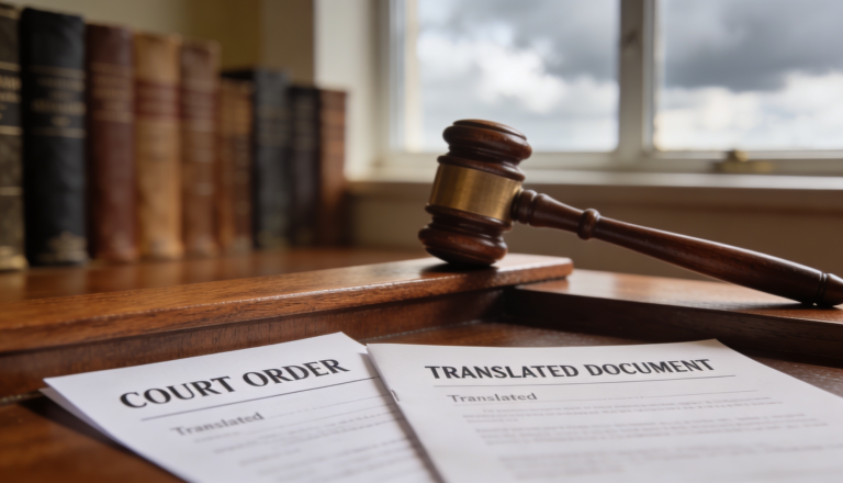 A court order document with a translation and a gavel on a desk in a legal office.