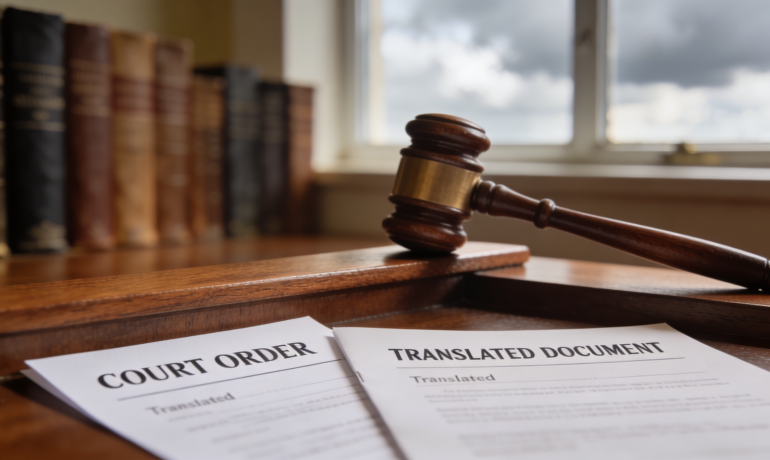 A court order document with a translation and a gavel on a desk in a legal office.