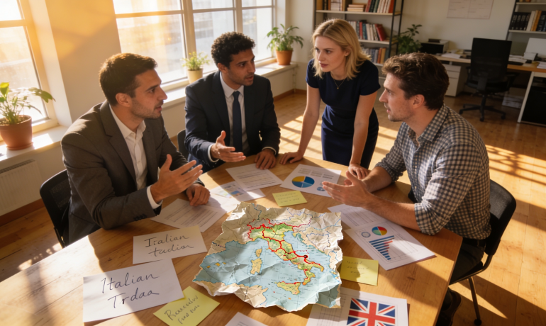 A diverse group of people discussing Italian translation services for UK immigration.