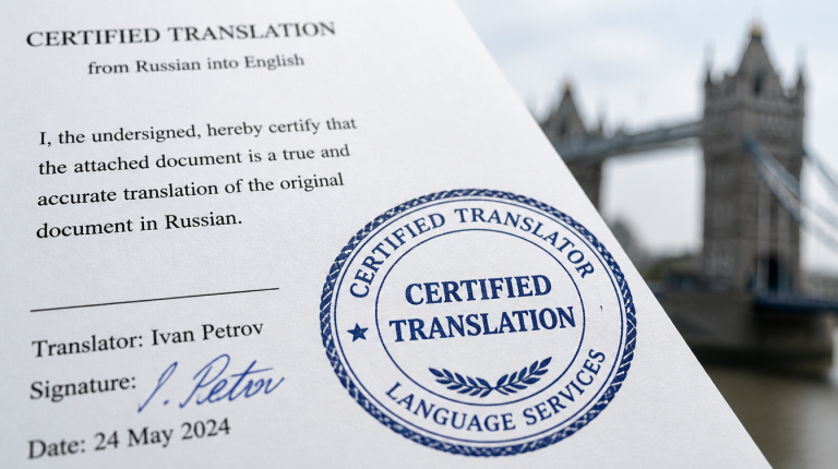 A document with Russian text and a certified stamp, symbolizing translation services in the UK.