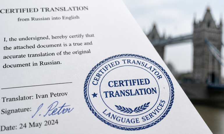 A document with Russian text and a certified stamp, symbolizing translation services in the UK.