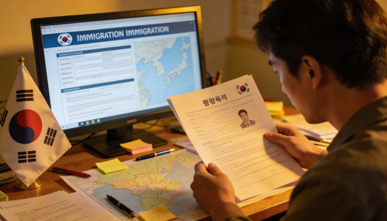 A person examining immigration documents with Korean text in a modern office setting.