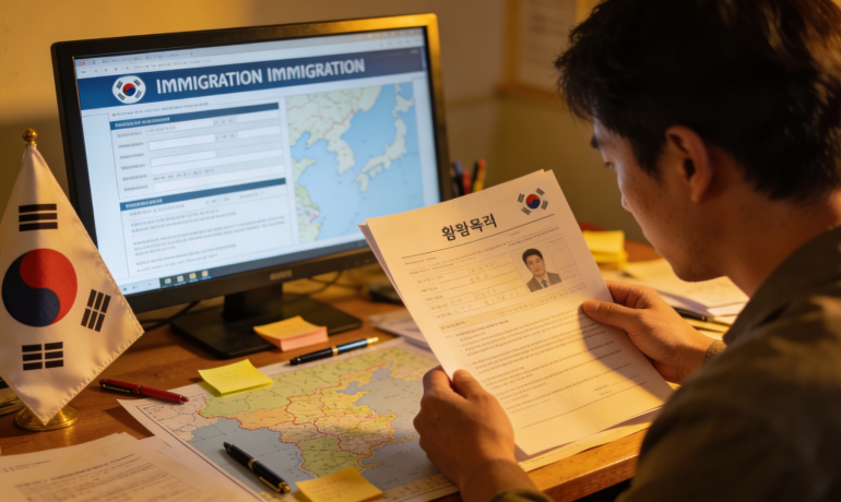 A person examining immigration documents with Korean text in a modern office setting.
