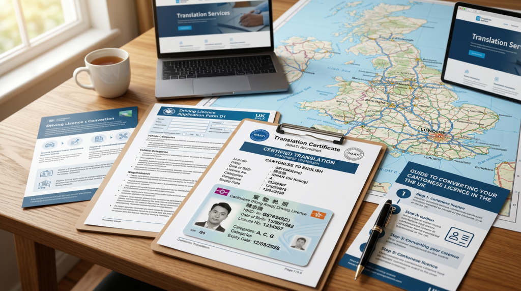 A person holding a Cantonese driving licence next to a UK map and translation documents.