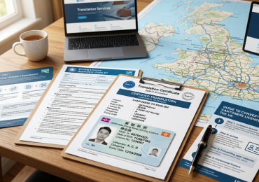 A person holding a Cantonese driving licence next to a UK map and translation documents.