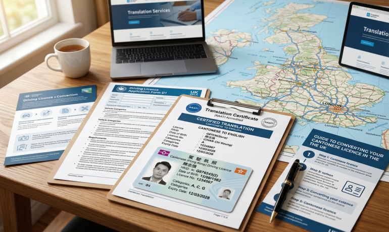 A person holding a Cantonese driving licence next to a UK map and translation documents.