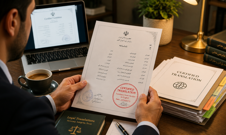 A person holding a Farsi document with a certified translation stamp in the UK.