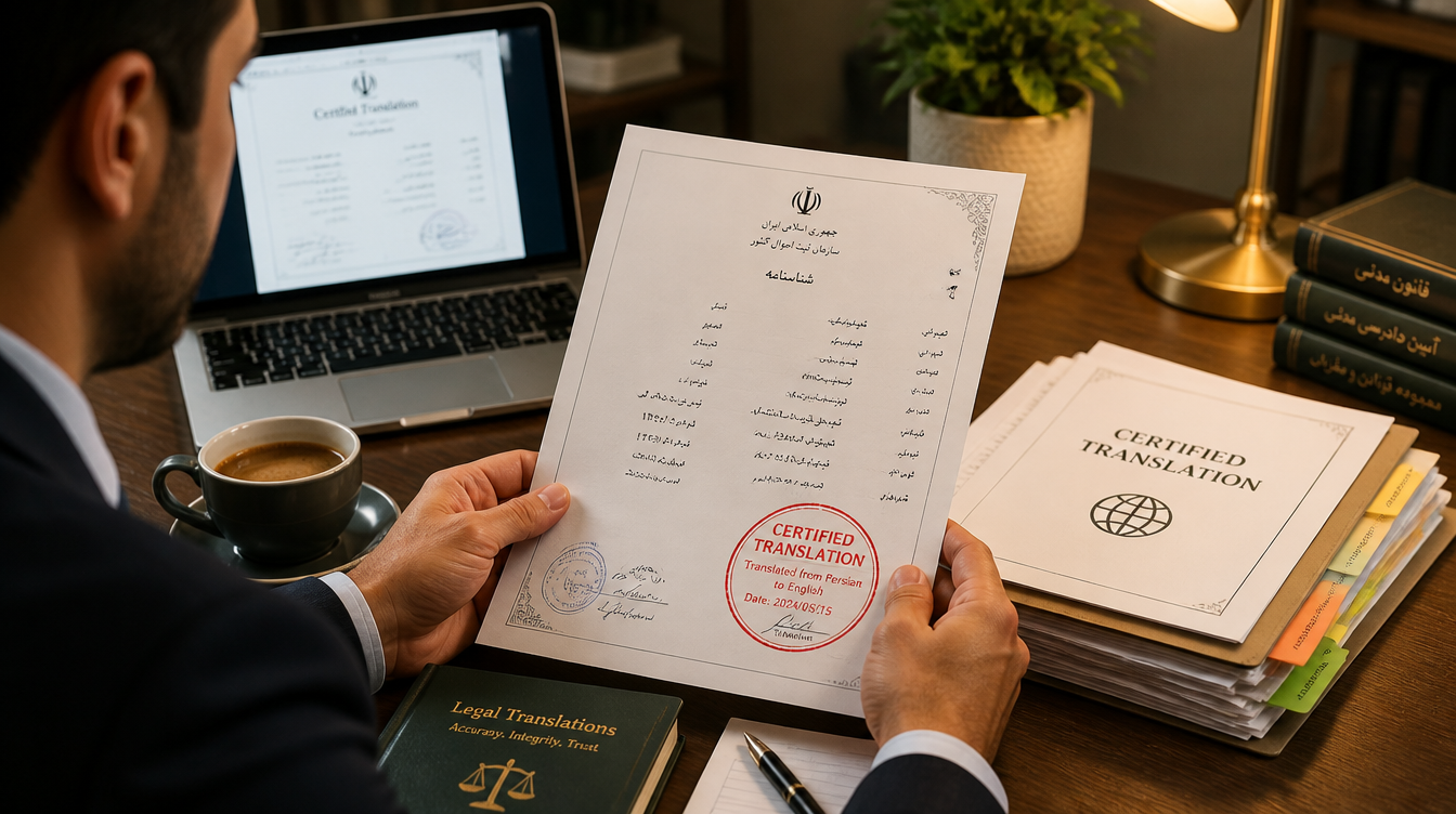 A person holding a Farsi document with a certified translation stamp in the UK.